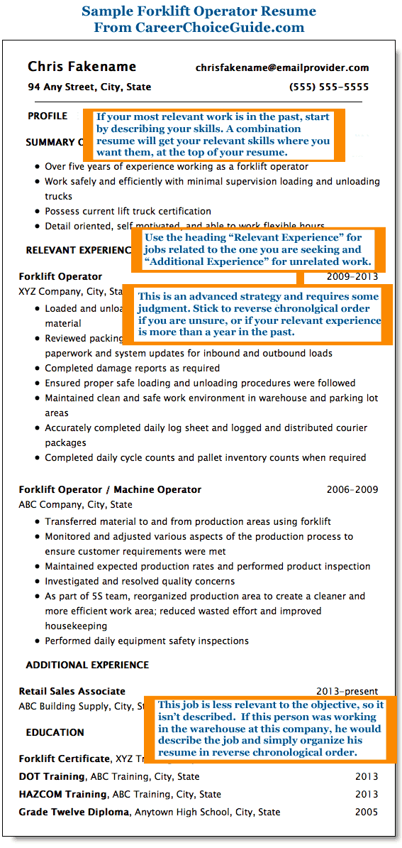 Forklift operator resume example