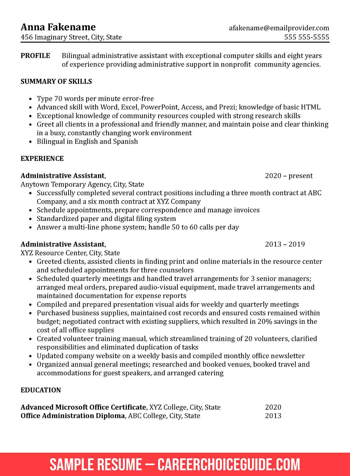 administrative assistant job resume sample