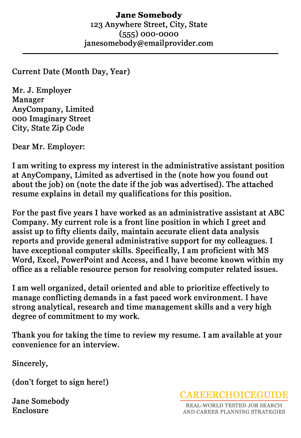 cover letter description example