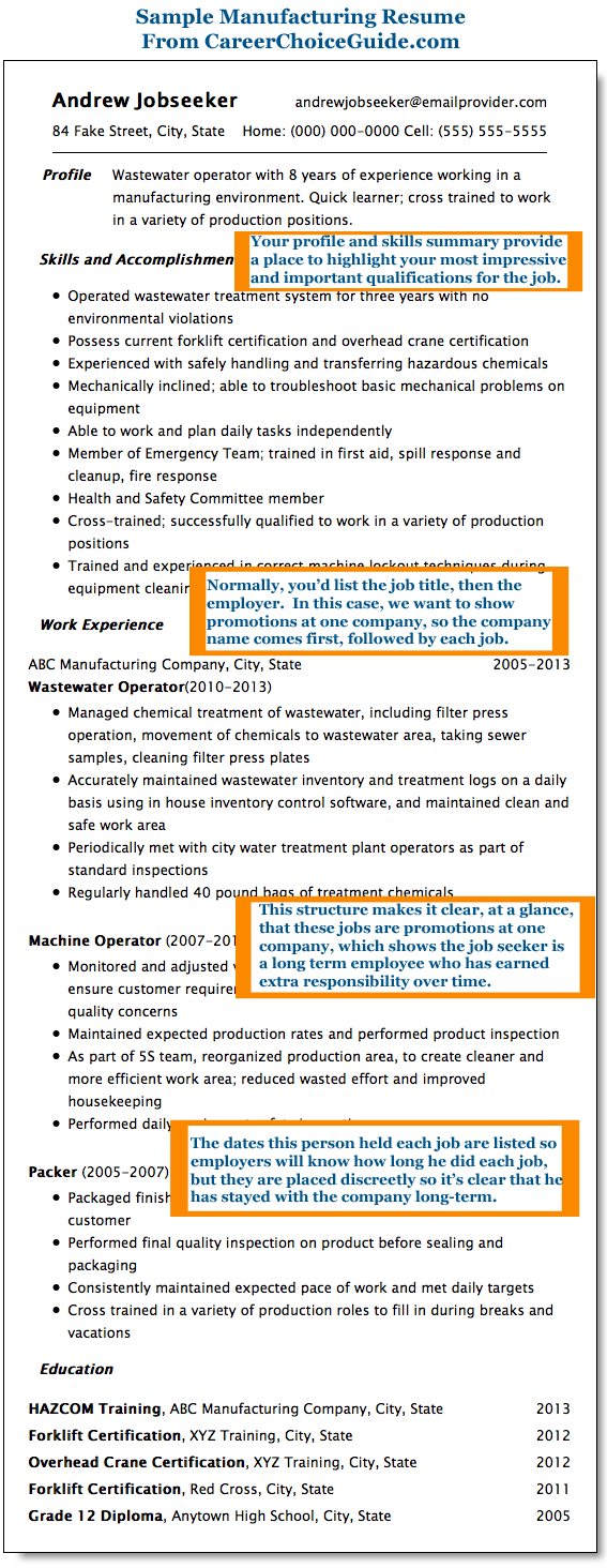 Sample Manufacturing Resume Wastewater Operator